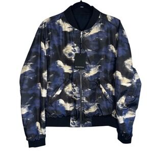 $399 BUGATCHI Reversible Bomber Jacket Size Medium Navy Abstract Print NWT